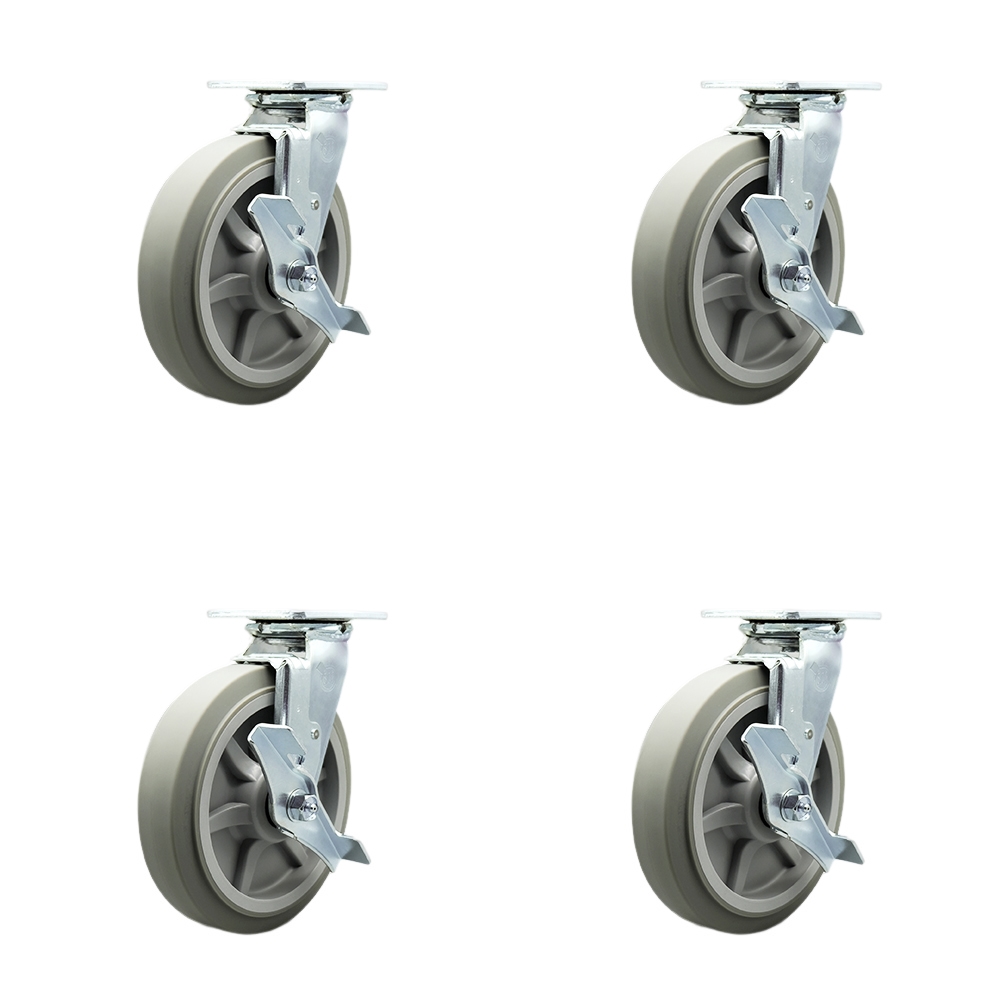 SCC-30CS820-TPRBF-TLB-BSL-2-TLB-2 Heavy Duty Swivel Caster with 8 in. Thermoplastic Rubber Flat Tread Wheels & Ball Bearing - Set of 4