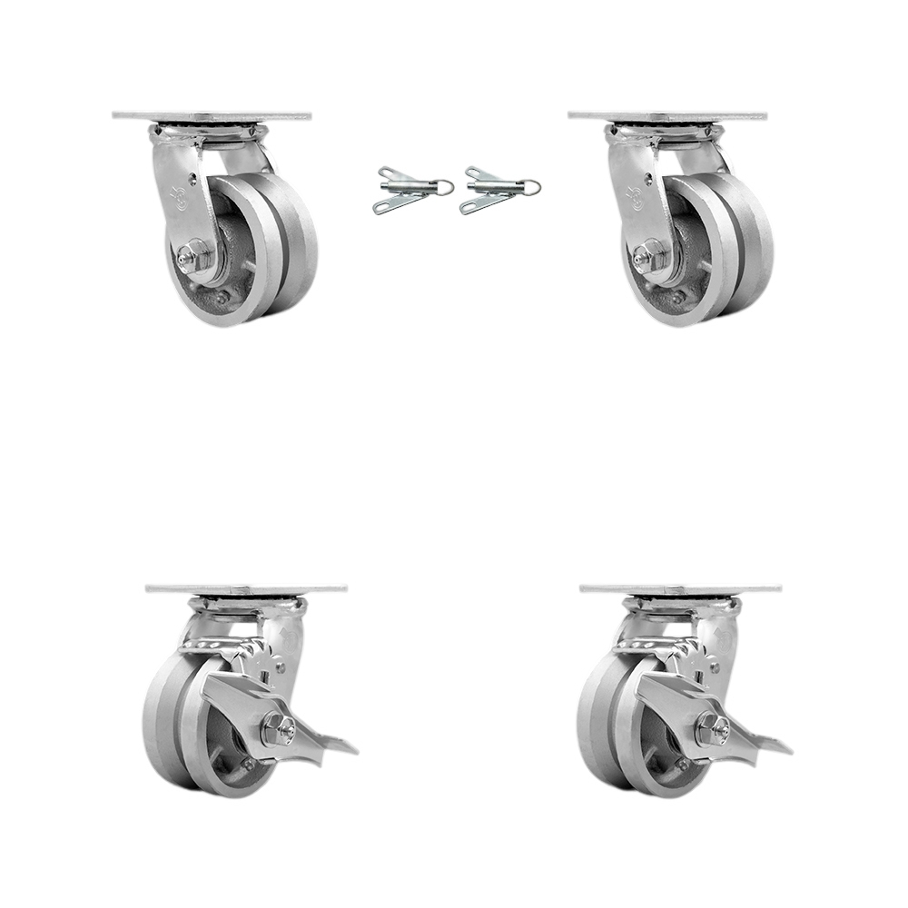 SCC-30CS420-VGB-BSL-2-TLB-2 Heavy Duty Swivel Caster with 4 in. V Groove Semi Steel Cast Iron Wheels & Ball Bearings - Set of 4