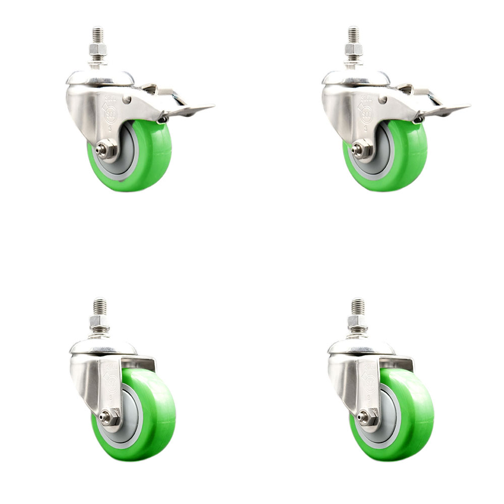 Poly Swivel Stem Caster with 3.5 in. Green Caster Wheels, 0.5 in. Threaded Stems - 316 Stainless Steel Casters - Set of 4
