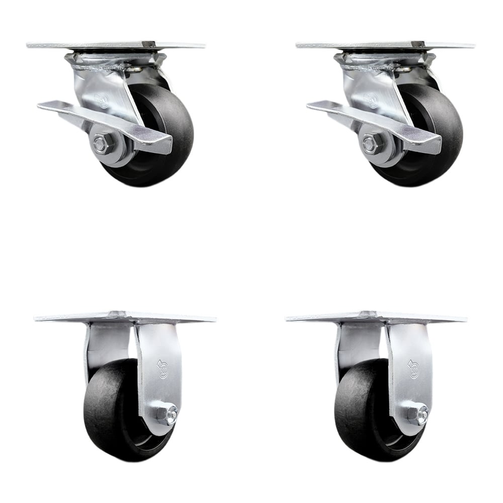Heavy Duty Large Top Plate Glass Filled Nylon Swivel Caster with 4 x 2 in. Black Wheels - 4800 lbs Total Capacity - Set of 4