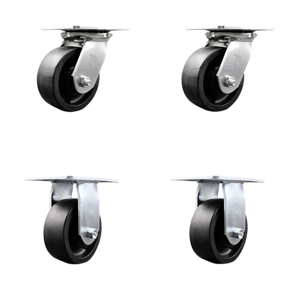Heavy Duty Large Top Plate Glass Filled Nylon Swivel Caster with 5 x 2 in. Black Wheels - 6000 lbs Total Capacity - Set of 4