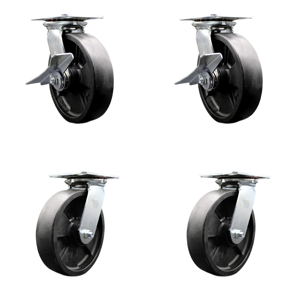 Heavy Duty Large Top Plate Glass Filled Nylon Swivel Caster with 8 x 2 in. Black Wheels - 6000 lbs Capacity - Set of 4