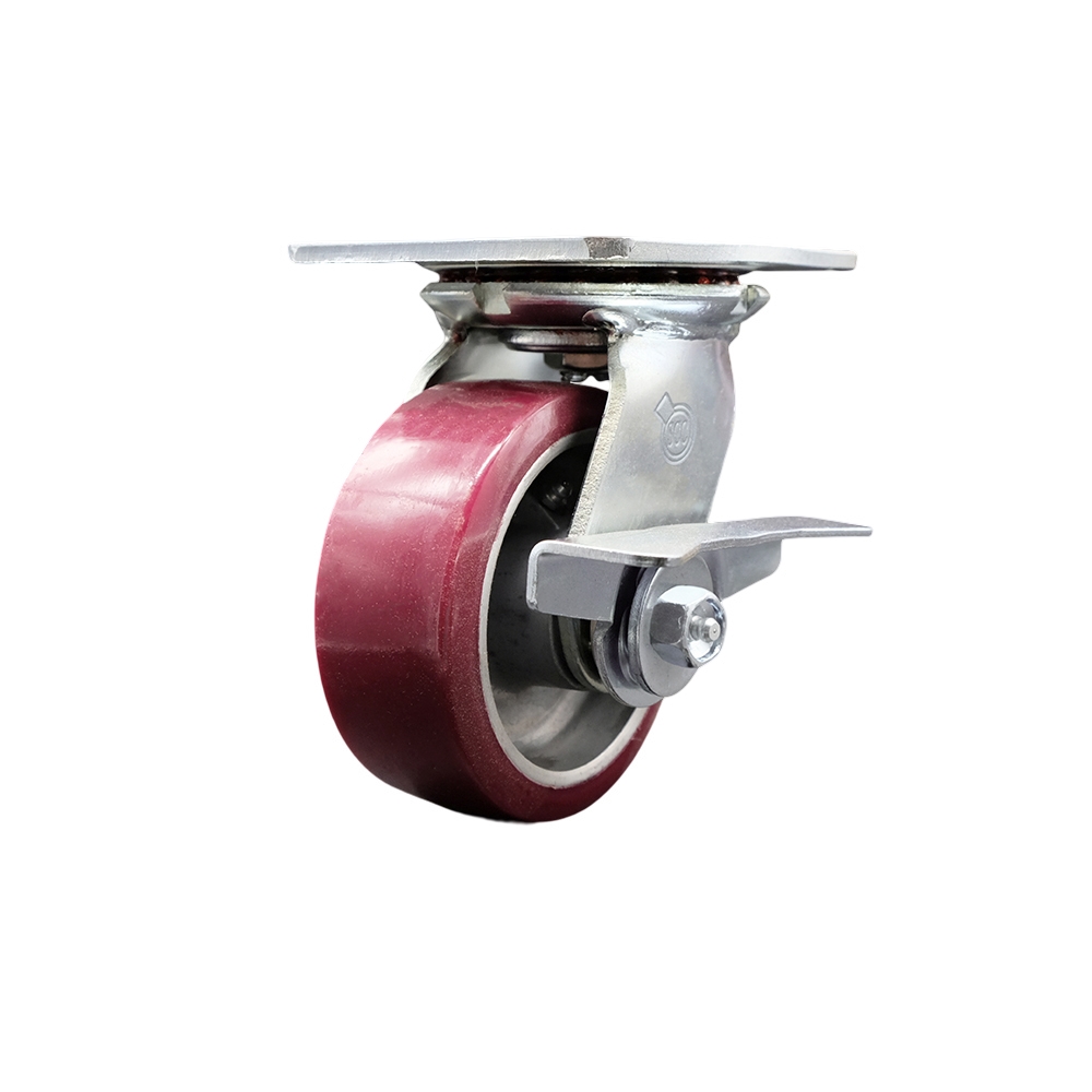 Heavy Duty Large Top Plate Polyurethane on Aluminum Swivel Caster with 5 x 2 in. Maroon Wheel & Side Lock Brake - 900 lbs Capacity per Caster