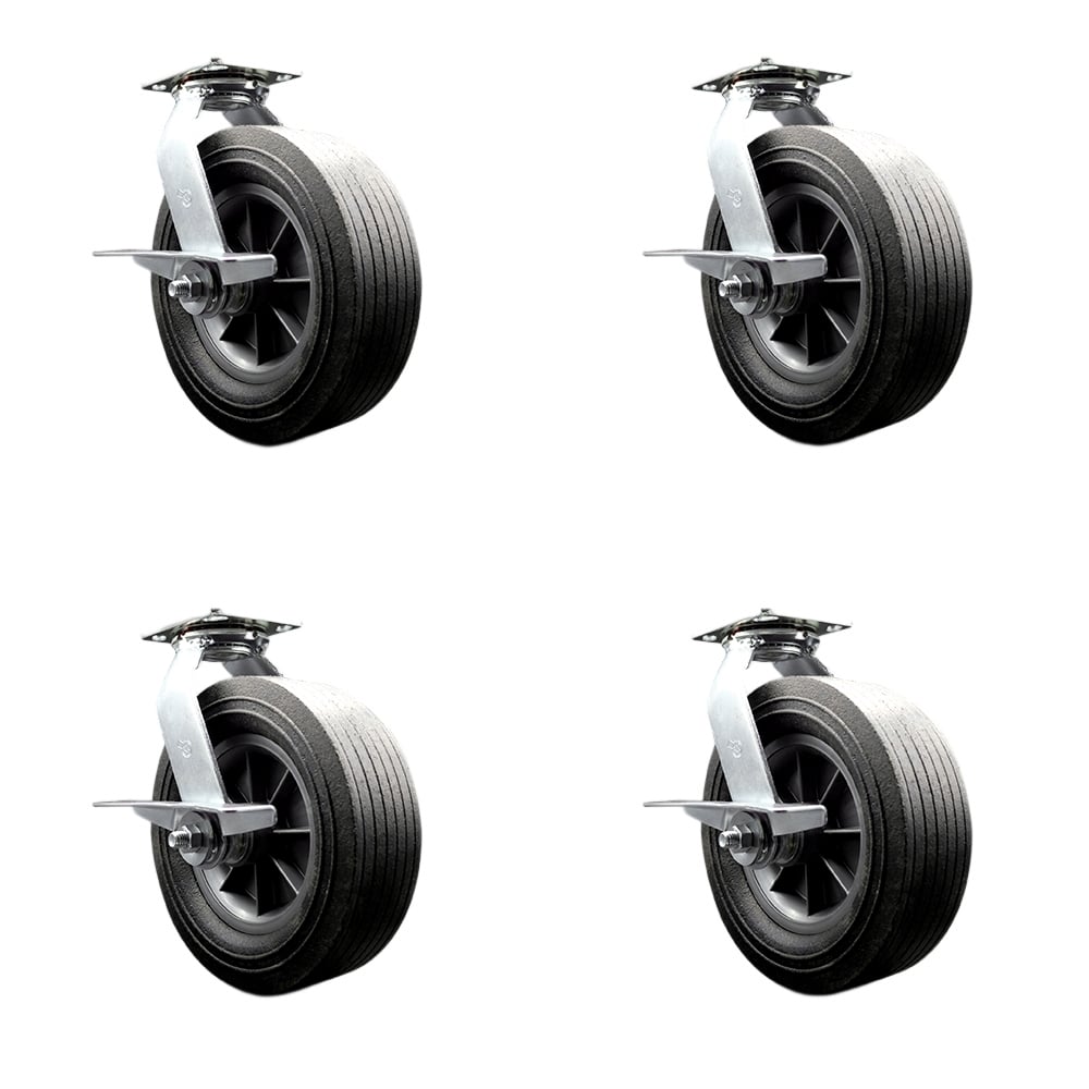 SCC-100S1030-SNB-SLB-4 10 in. Swivel Semi Pneumatic Solid Rubber Wheel Casters, Black - Set of 4