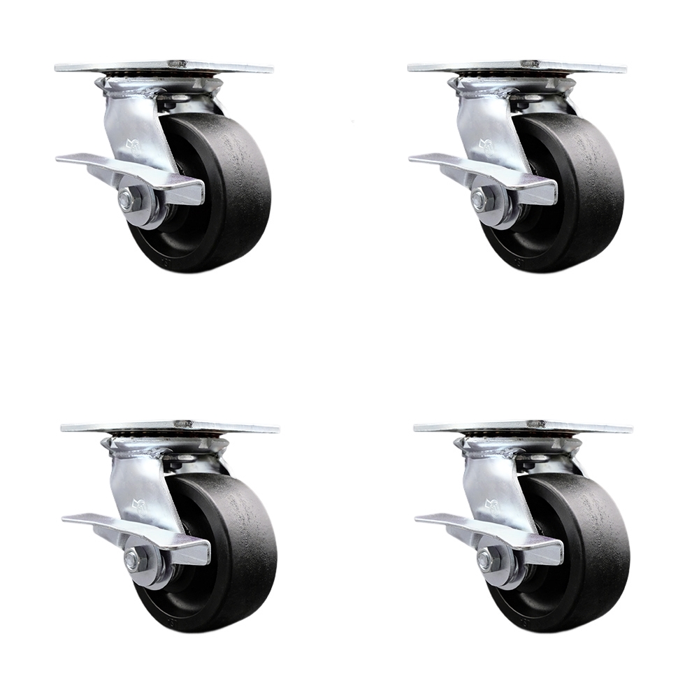 Heavy Duty Large Top Plate Glass Filled Nylon Swivel Caster with 5 x 2 in. Black Wheels - 6000 lbs Total Capacity - Set of 4