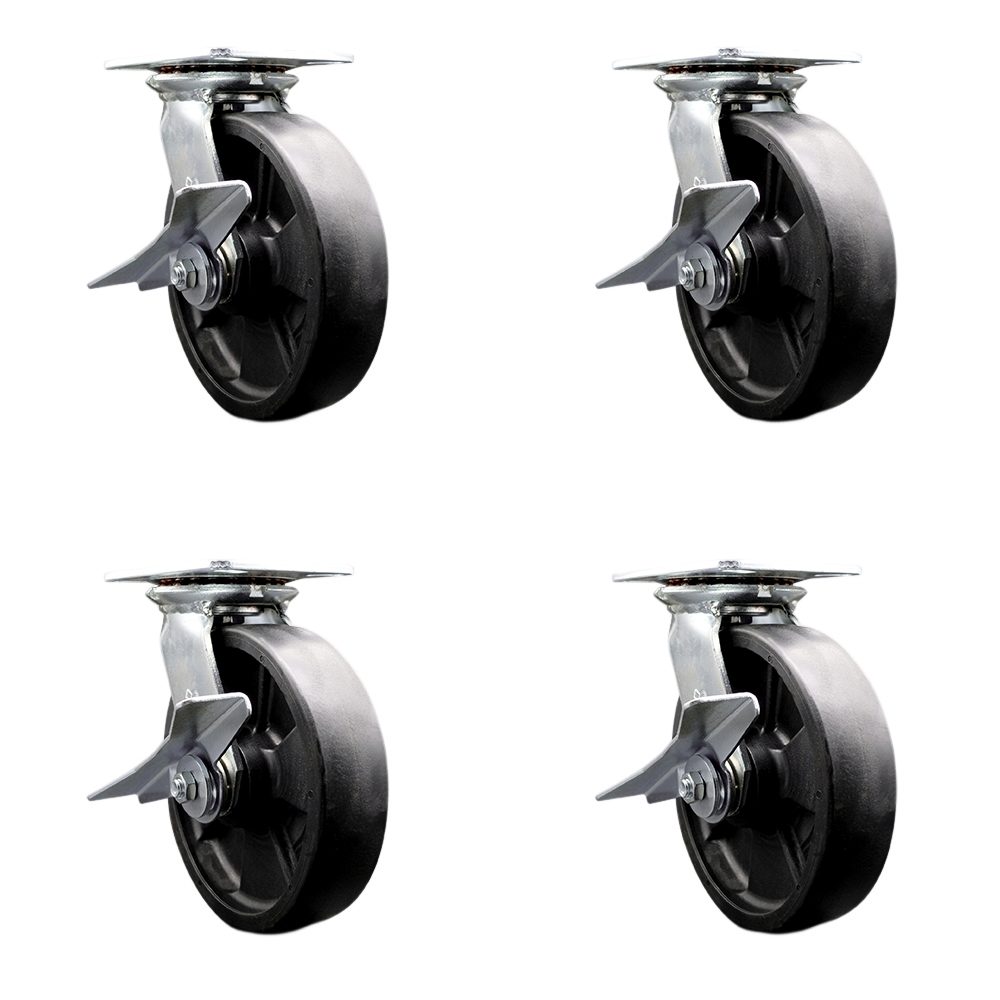 Heavy Duty Large Top Plate Glass Filled Nylon Swivel Caster with 8 x 2 in. Black Wheels - 6000 lbs Capacity - Set of 4