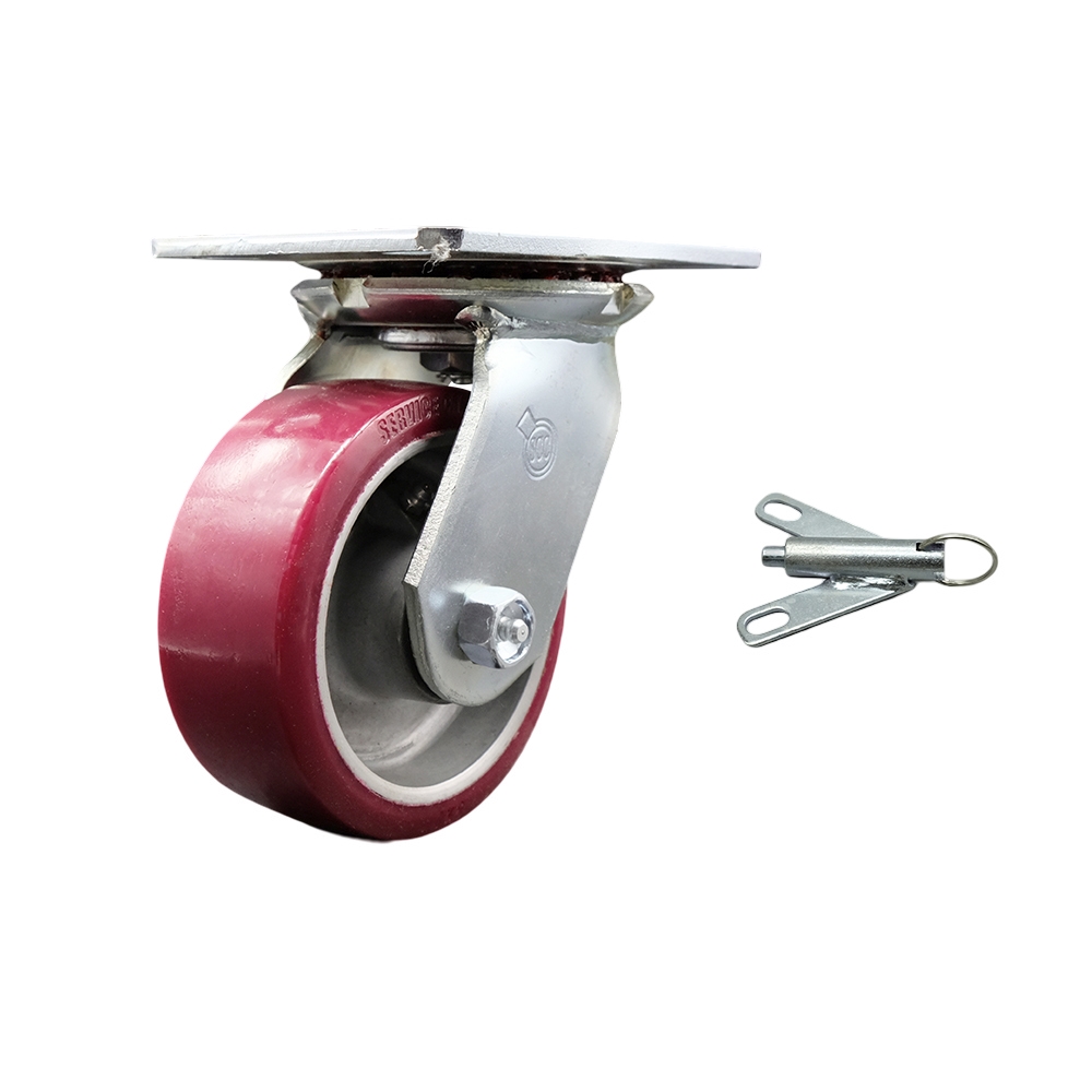 Heavy Duty Large Top Plate Polyurethane on Aluminum Swivel Caster with 5 x 2 in. Maroon Wheel & Bolt on Swivel Lock - 900 lbs Capacity per Caster