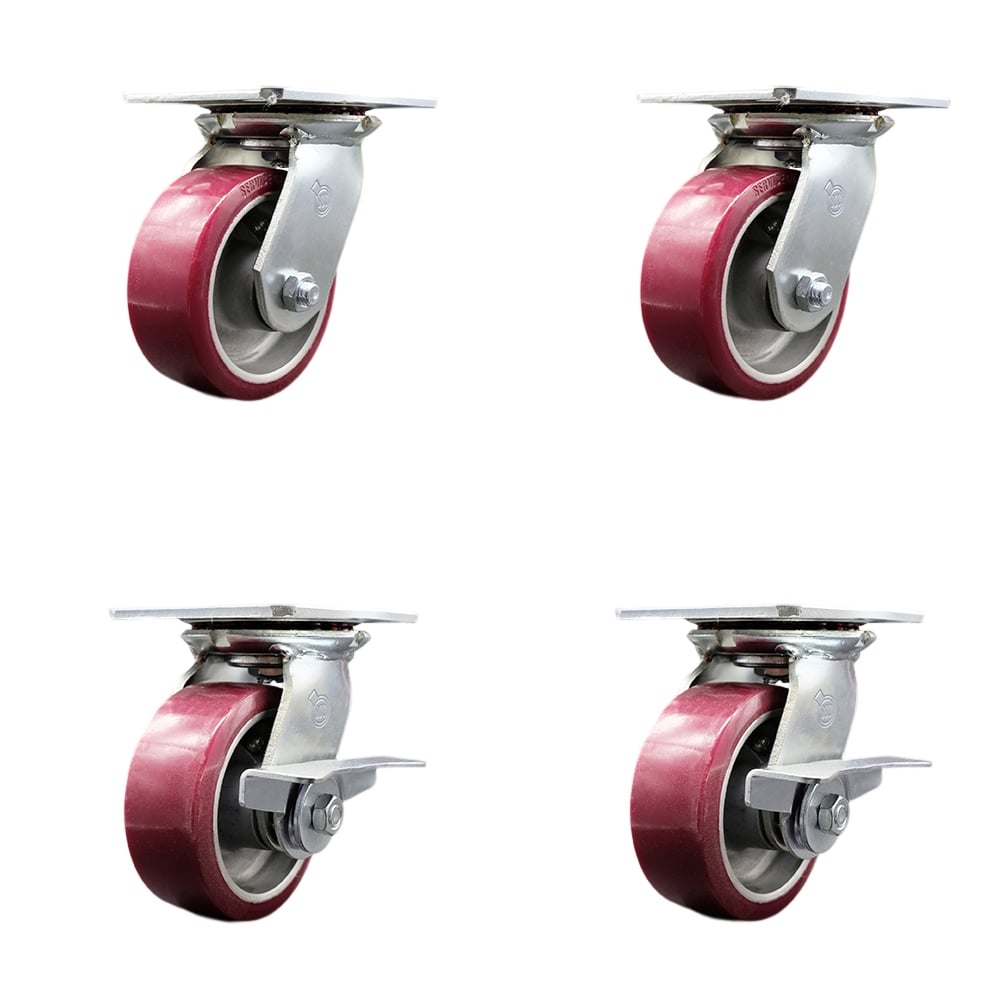 Heavy Duty Large Top Plate Polyurethane on Aluminum Swivel Caster with 5 x 2 in. Maroon Wheels - 3600 lbs Total Capacity - Set of 4