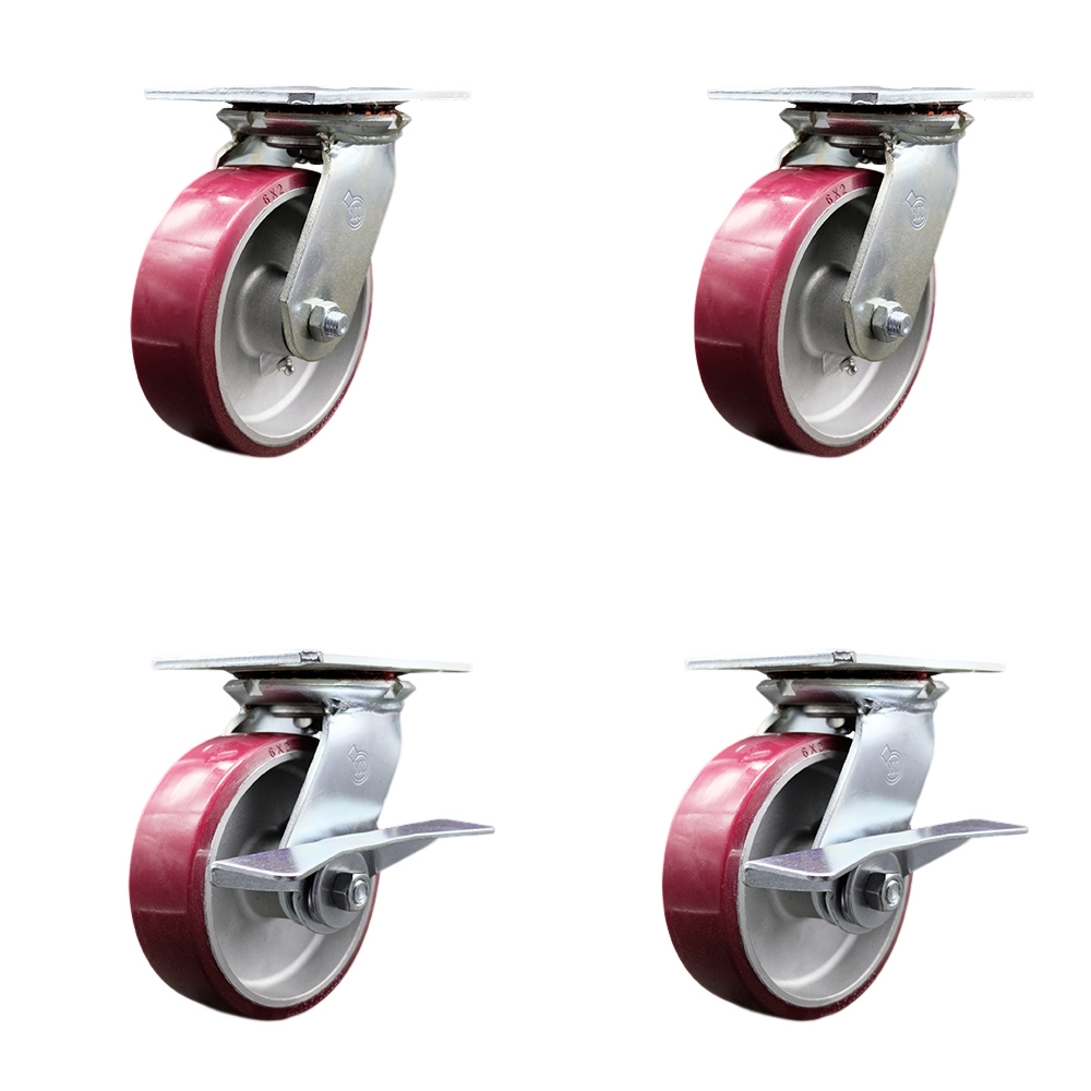 Heavy Duty Large Top Plate Polyurethane on Aluminum Swivel Caster with 6 x 2 in. Maroon Wheels - 4800 lbs Total Capacity - Set of 4
