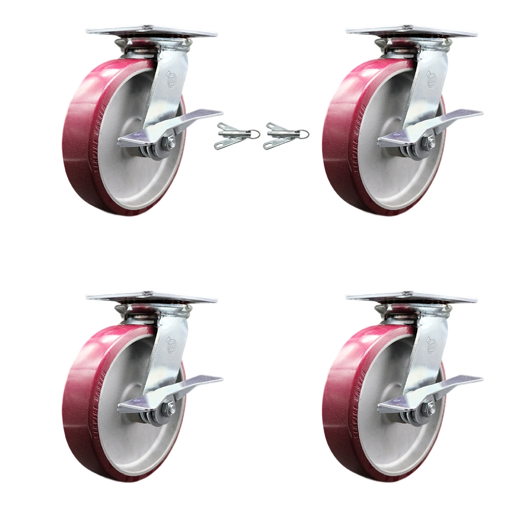 SCC-35S820-PAR-SLB-BSL-2-SLB-2 Heavy Duty Large Top Plate Poly on Aluminum Swivel Caster with 8 x 2 in. Maroon Wheels - 5000 lbs Capacity - Set of 4