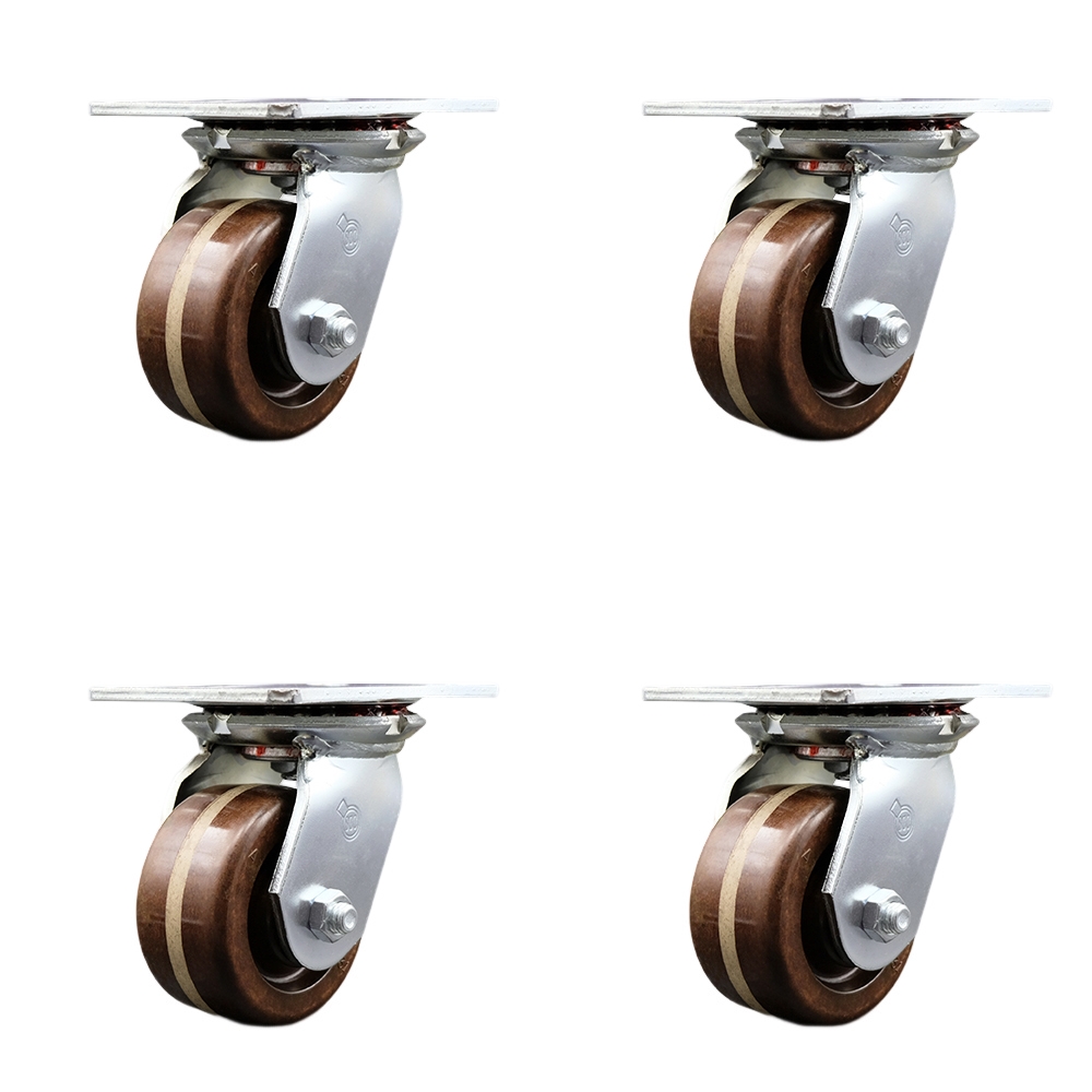 Heavy Duty Large Top Plate High Temperature Phenolic Swivel Caster with 4 x 2 in. Brown Wheels - 3200 lbs Total Capacity - Set of 4