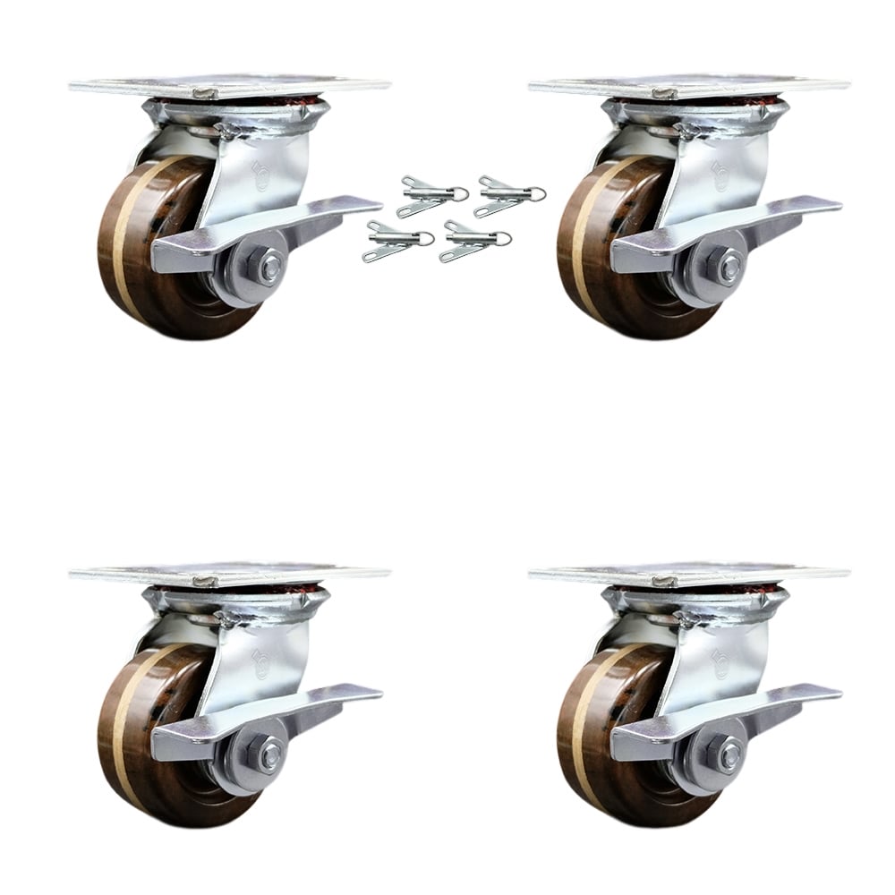 Heavy Duty Large Top Plate High Temperature Phenolic Swivel Caster with 4 x 2 in. Brown Wheels - 3200 lbs Capacity - Set of 4