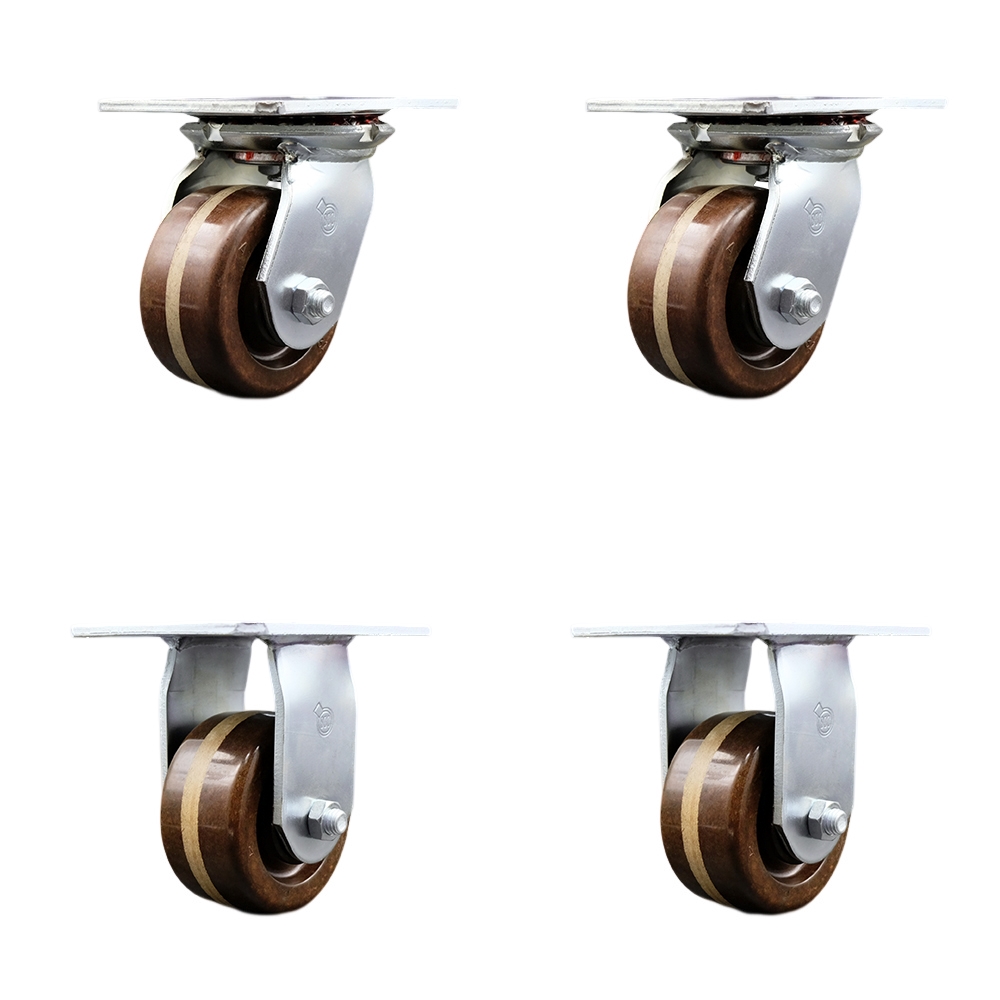 Heavy Duty Large Top Plate High Temperature Phenolic Swivel Caster with 4 x 2 in. Brown Wheels - 3200 lbs Total Capacity - Set of 4