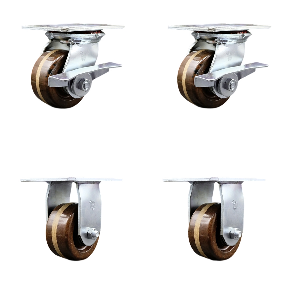 Heavy Duty Large Top Plate High Temperature Phenolic Swivel Caster with 4 x 2 in. Brown Wheels - 3200 lbs Total Capacity - Set of 4