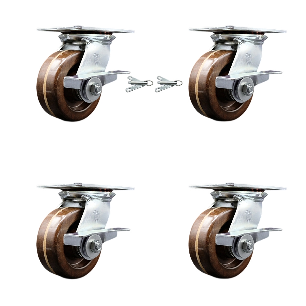 Heavy Duty Large Top Plate High Temperature Phenolic Swivel Caster with 5 x 2 in. Brown Wheels - 4000 lbs Capacity - Set of 4