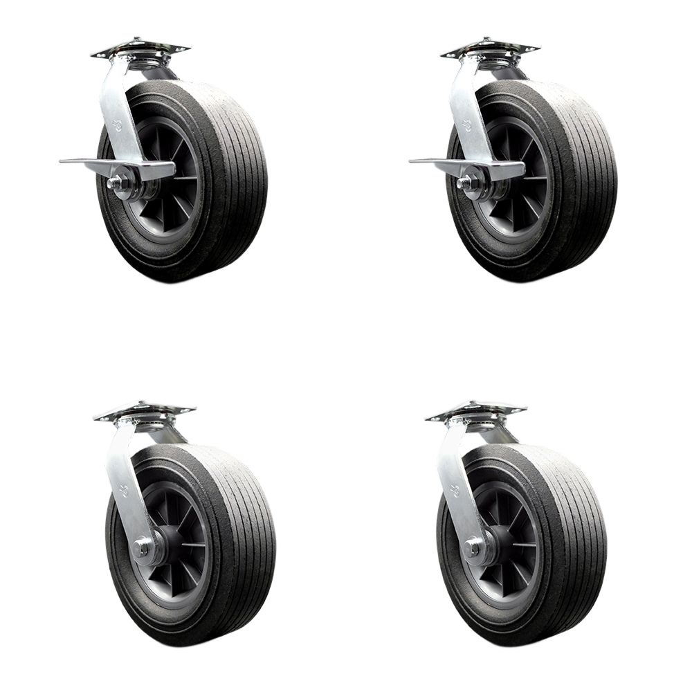SCC-100S1030-SNB-SLB-BSL-2-BSL2 10 in. Swivel Semi Pneumatic Solid Rubber Wheel Casters, Black - Set of 4