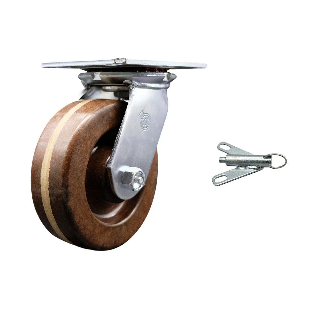 Heavy Duty Large Top Plate High Temperature Phenolic Swivel Caster with 6 x 2 in. Brown Wheel & Bolt on Swivel Lock - 1200 lbs Capacity per Caster
