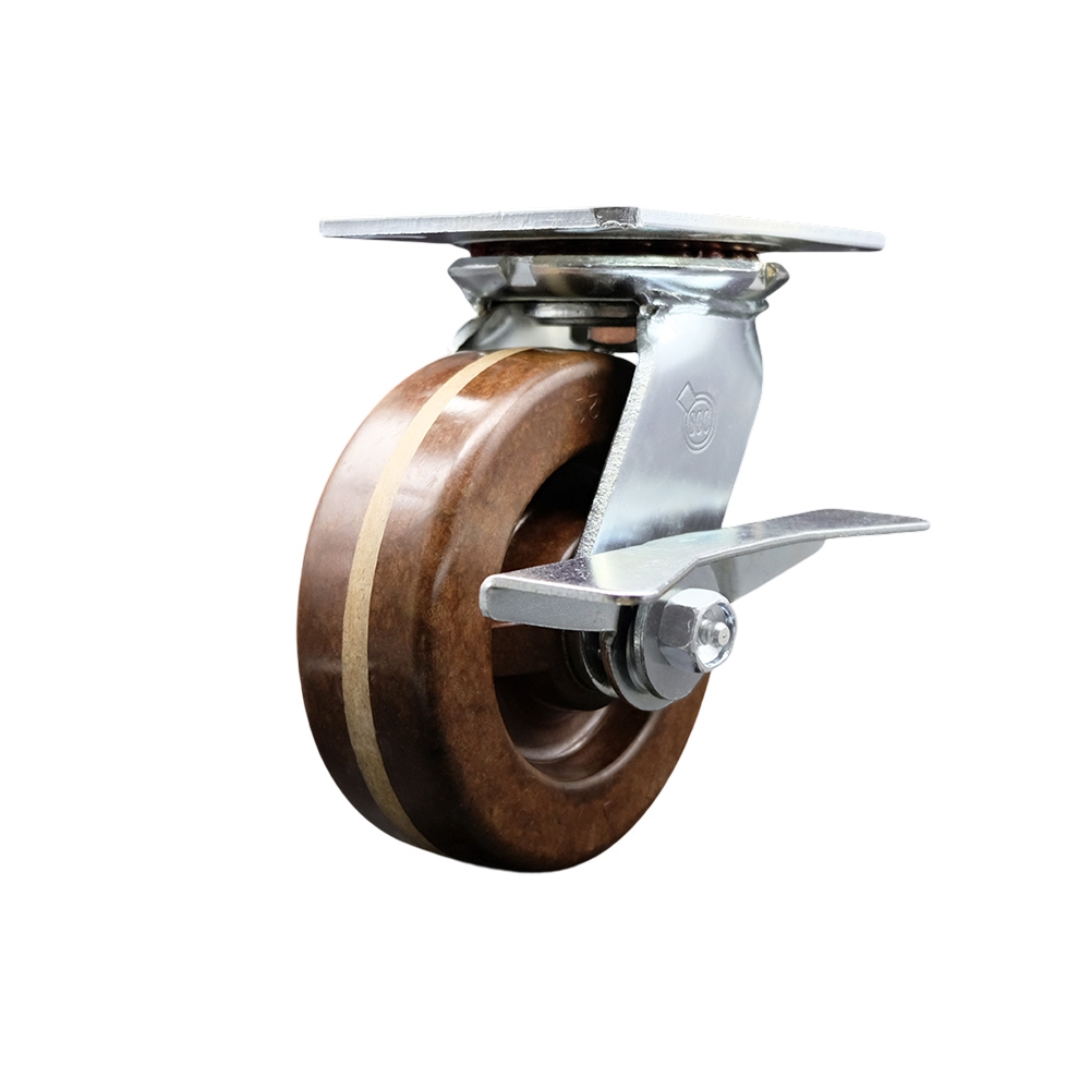 Heavy Duty Large Top Plate High Temperature Phenolic Swivel Caster with 6 x 2 in. Brown Wheel & Side Lock Brake - 1200 lbs Capacity per Caster