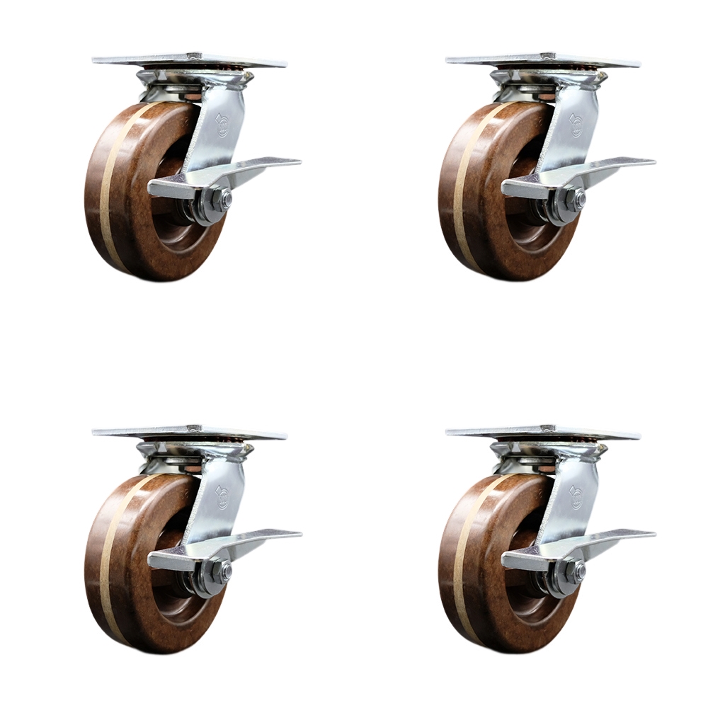 Heavy Duty Large Top Plate High Temperature Phenolic Swivel Caster with 6 x 2 in. Brown Wheels - 4800 lbs Total Capacity - Set of 4