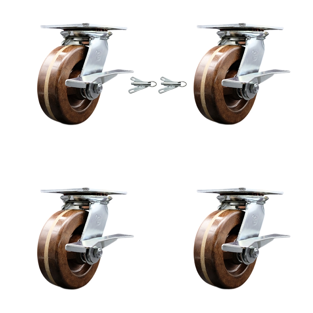 Heavy Duty Large Top Plate High Temperature Phenolic Swivel Caster with 6 x 2 in. Brown Wheels - 4800 lbs Capacity - Set of 4