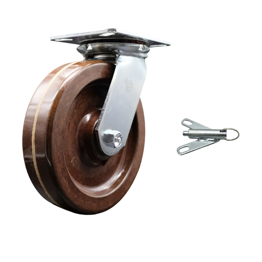 Heavy Duty Large Top Plate High Temperature Phenolic Swivel Caster with 8 x 2 in. Brown Wheel & Bolt on Swivel Lock - 1250 lbs Capacity per Caster
