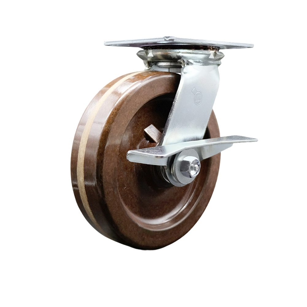 Heavy Duty Large Top Plate High Temperature Phenolic Swivel Caster with 8 x 2 in. Brown Wheel & Side Lock Brake - 1250 lbs Capacity per Caster