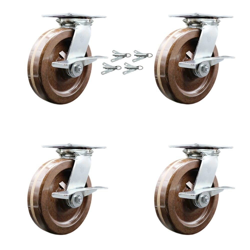 Heavy Duty Large Top Plate High Temperature Phenolic Swivel Caster with 8 x 2 in. Brown Wheels - 5000 lbs Total Capacity - Set of 4