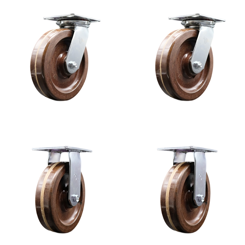Heavy Duty Large Top Plate High Temperature Phenolic Swivel Caster with 8 x 2 in. Brown Wheels - 5000 lbs Total Capacity - Set of 4