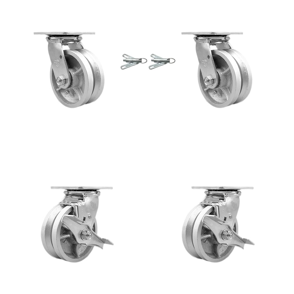 SCC-30CS520-VGB-BSL-2-TLB-2 Heavy Duty Swivel Caster with 5 in. V Groove Semi Steel Cast Iron Wheels & Ball Bearings - Set of 4