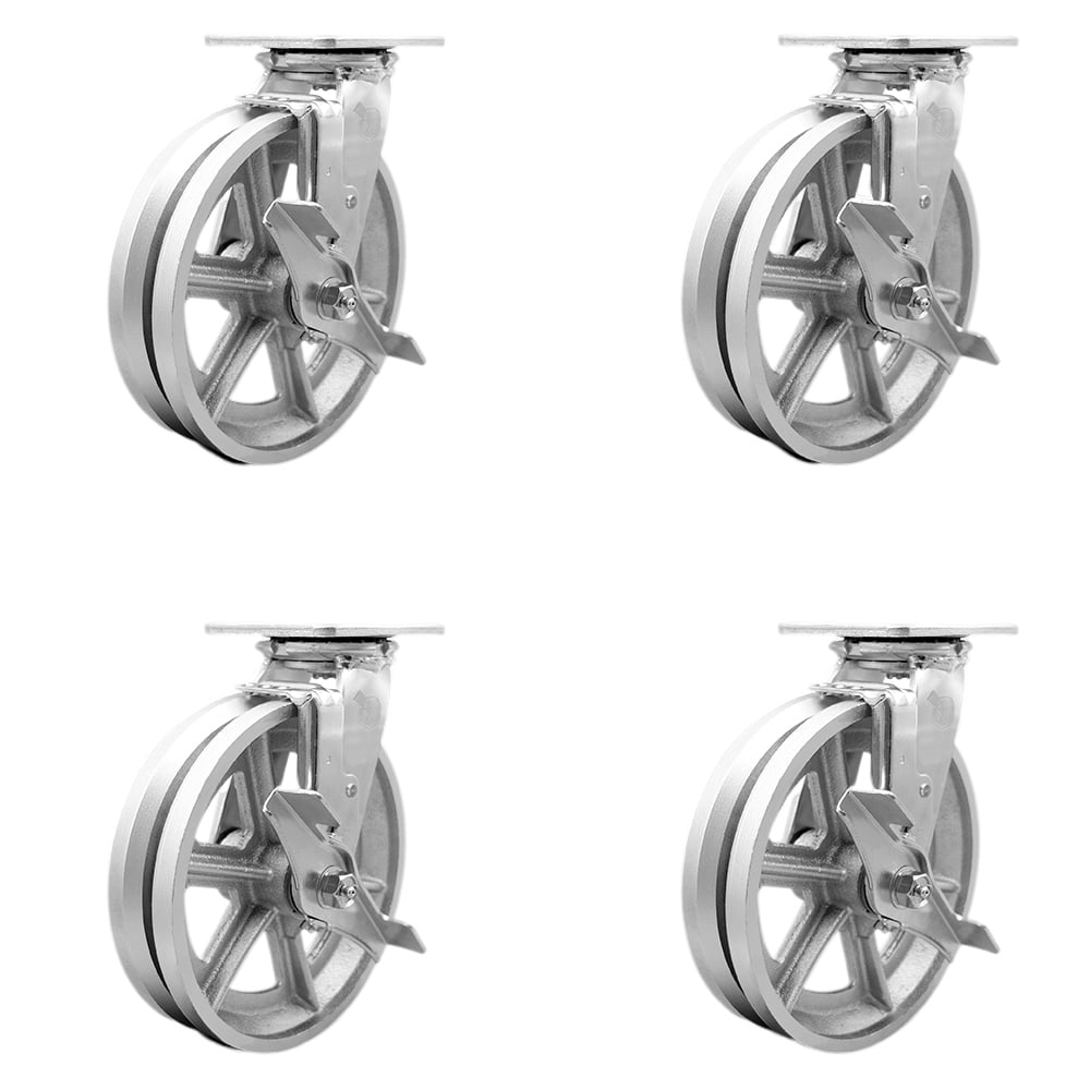SCC-30CS820-VGB-TLB-BSL-4 Heavy Duty Swivel Caster with 8 in. V Groove Semi Steel Wheels & Ball Bearings - 5000 lbs Total Capacity - Set of 4
