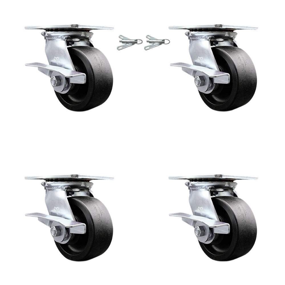 Heavy Duty Large Top Plate Glass Filled Nylon Swivel Caster with 5 x 2 in. Black Wheels - 6000 lbs Capacity - Set of 4