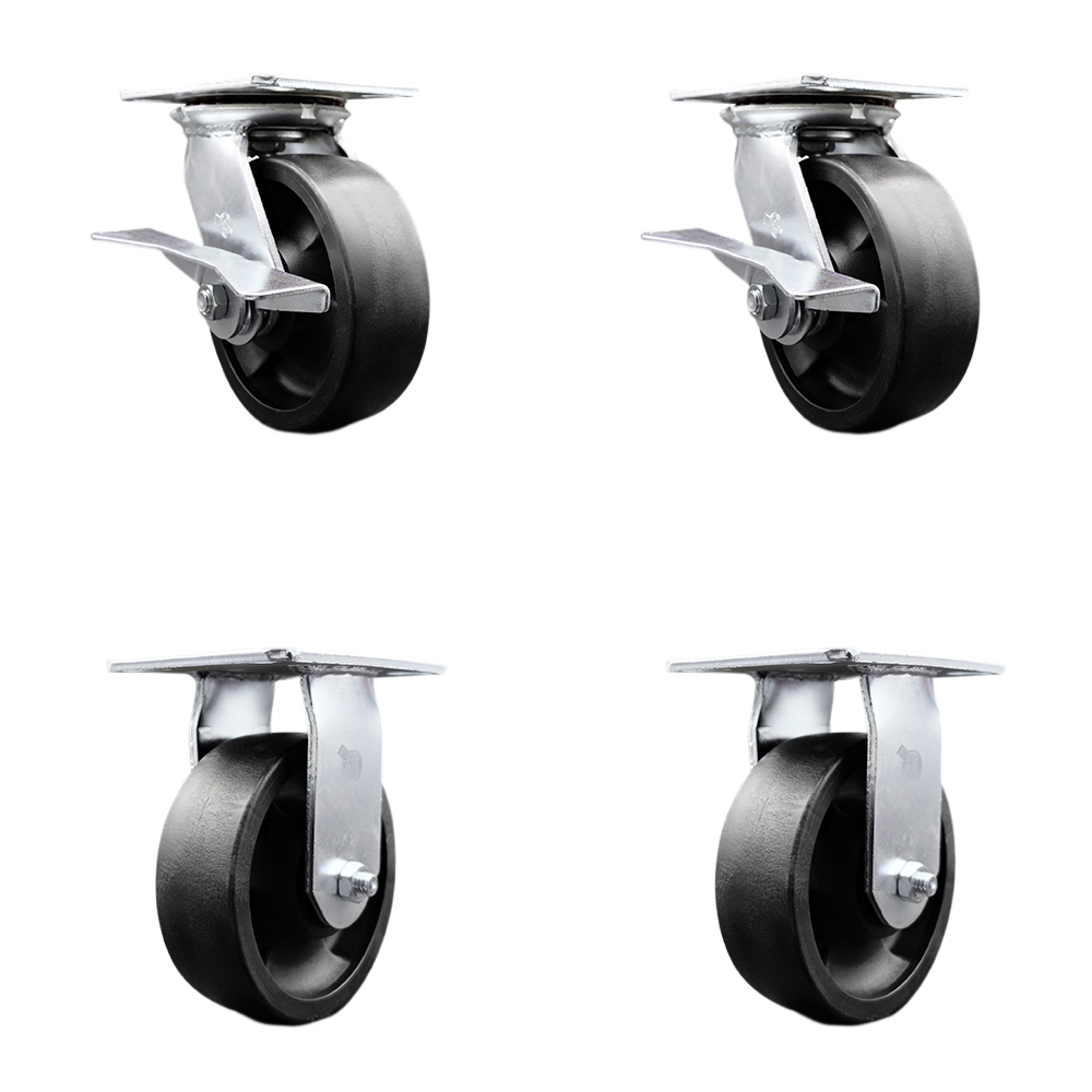Heavy Duty Large Top Plate Glass Filled Nylon Swivel Caster with 6 x 2 in. Black Wheels - 6000 lbs Total Capacity - Set of 4