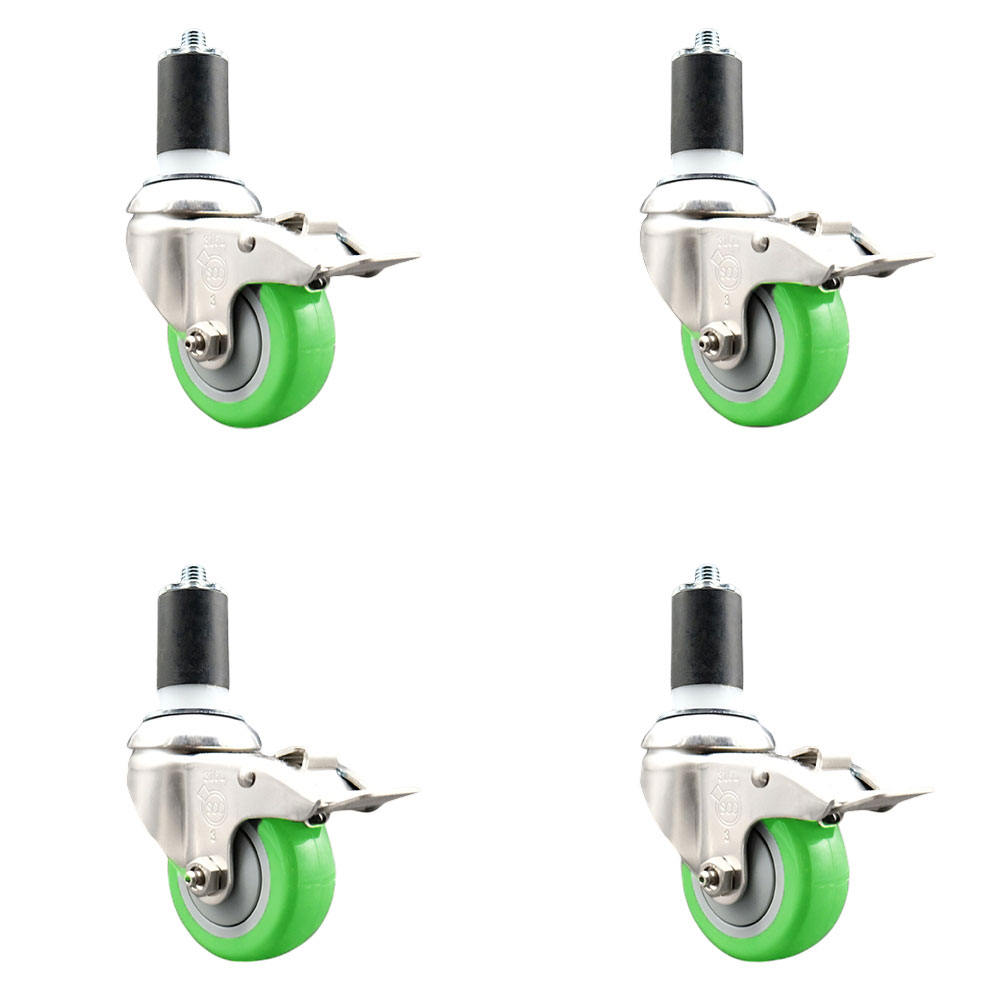 Polyurethane Swivel Stem Caster with 3.5 in. Green Caster Wheels, 1.63 in. Expanding Stems - 316 Stainless Steel Casters - Set of 4