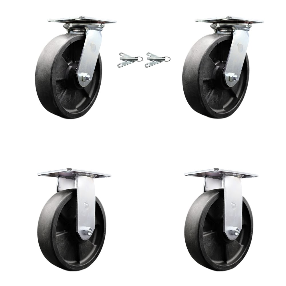 Heavy Duty Large Top Plate Glass Filled Nylon Swivel Caster with 8 x 2 in. Black Wheels - 6000 lbs Total Capacity - Set of 4