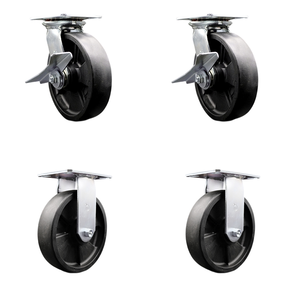 Heavy Duty Large Top Plate Glass Filled Nylon Swivel Caster with 8 x 2 in. Black Wheels - 6000 lbs Total Capacity - Set of 4