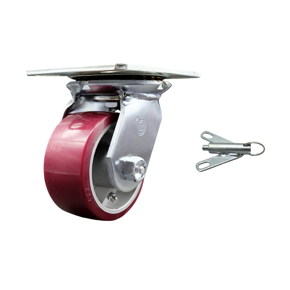 Heavy Duty Large Top Plate Polyurethane on Aluminum Swivel Caster with 4 x 2 in. Maroon Wheel & Bolt on Swivel Lock - 700 lbs Capacity per Caster