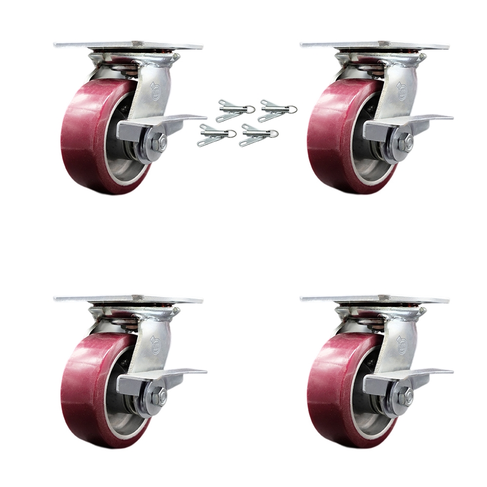 Heavy Duty Large Top Plate Polyurethane on Aluminum Swivel Caster with 5 x 2 in. Maroon Wheels - 3600 lbs Capacity - Set of 4