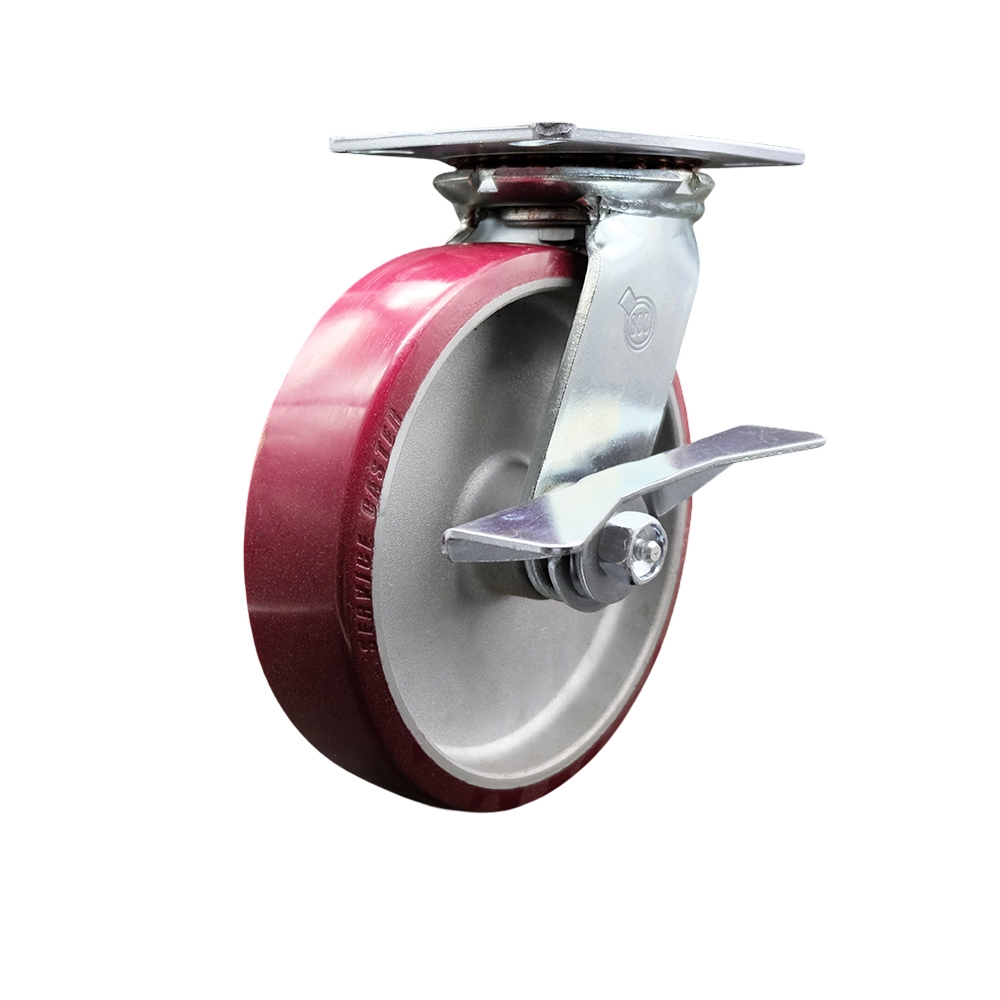 Heavy Duty Large Top Plate Polyurethane on Aluminum Swivel Caster with 8 x 2 in. Maroon Wheel & Side Lock Brake - 1250 lbs Capacity per Caster