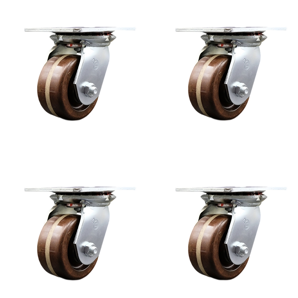 Heavy Duty Large Top Plate High Temperature Phenolic Swivel Caster with 4 x 2 in. Brown Wheels - 3200 lbs Total Capacity - Set of 4
