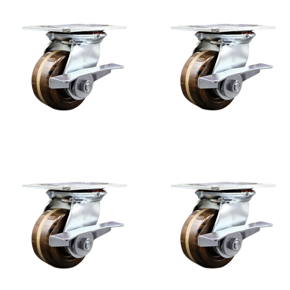 Heavy Duty Large Top Plate High Temperature Phenolic Swivel Caster with 4 x 2 in. Brown Wheels - 3200 lbs Total Capacity - Set of 4