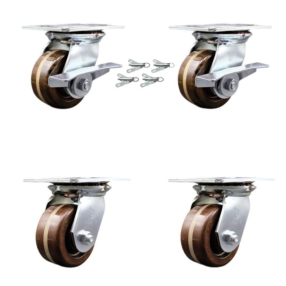 Heavy Duty Large Top Plate High Temperature Phenolic Swivel Caster with 4 x 2 in. Brown Wheels - 3200 lbs Capacity - Set of 4