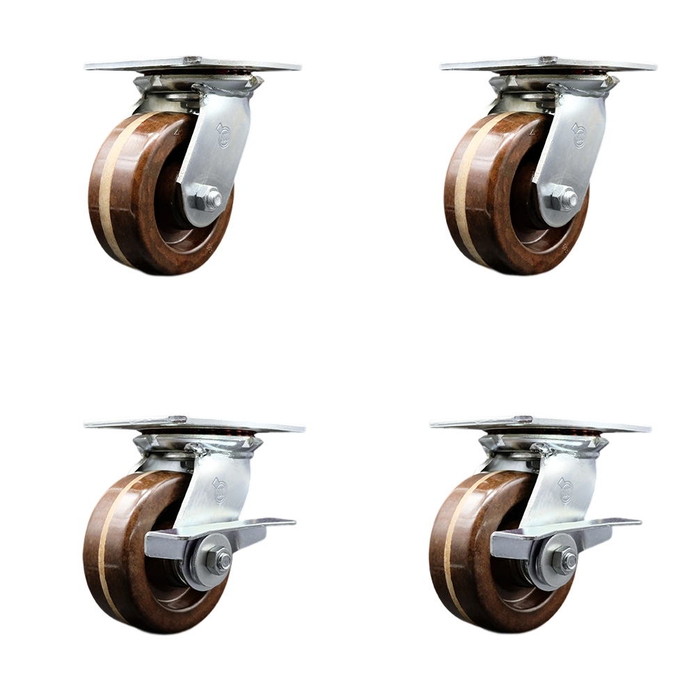 Heavy Duty Large Top Plate High Temperature Phenolic Swivel Caster with 5 x 2 in. Brown Wheels - 4000 lbs Total Capacity - Set of 4
