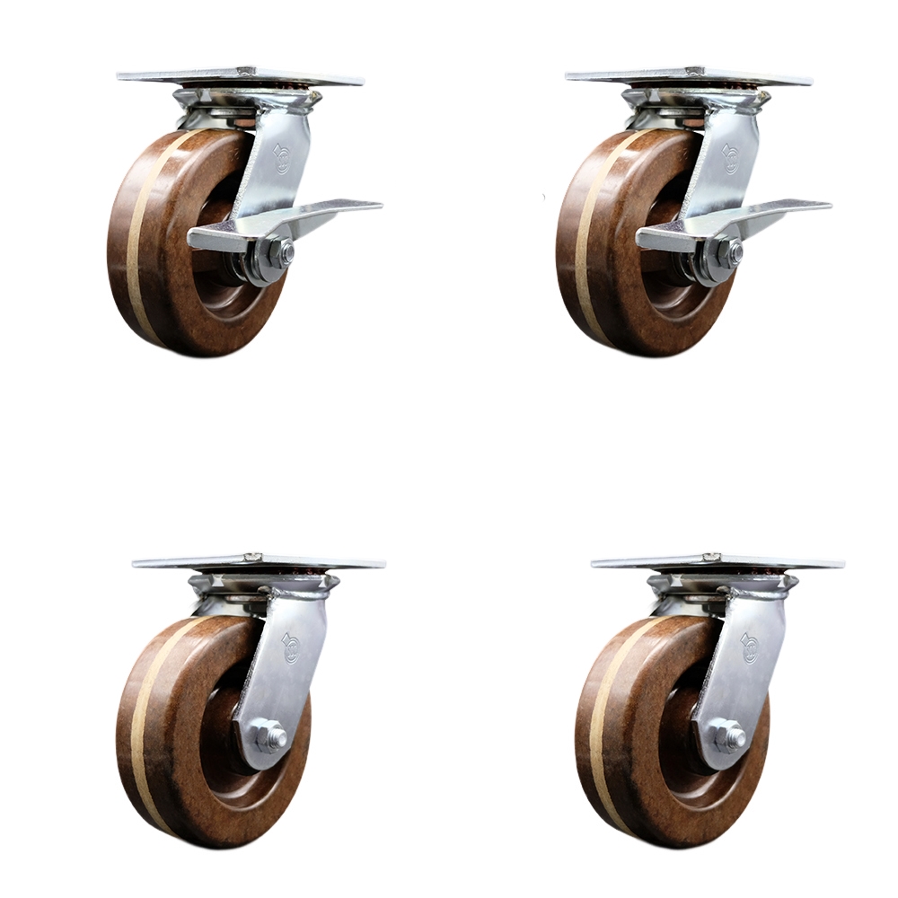 Heavy Duty Large Top Plate High Temperature Phenolic Swivel Caster with 6 x 2 in. Brown Wheels - 4800 lbs Capacity - Set of 4