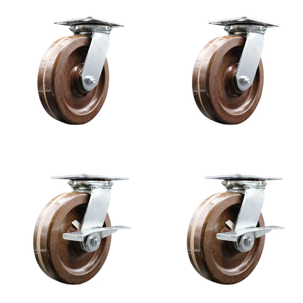Heavy Duty Large Top Plate High Temperature Phenolic Swivel Caster with 8 x 2 in. Brown Wheels - 5000 lbs Capacity - Set of 4