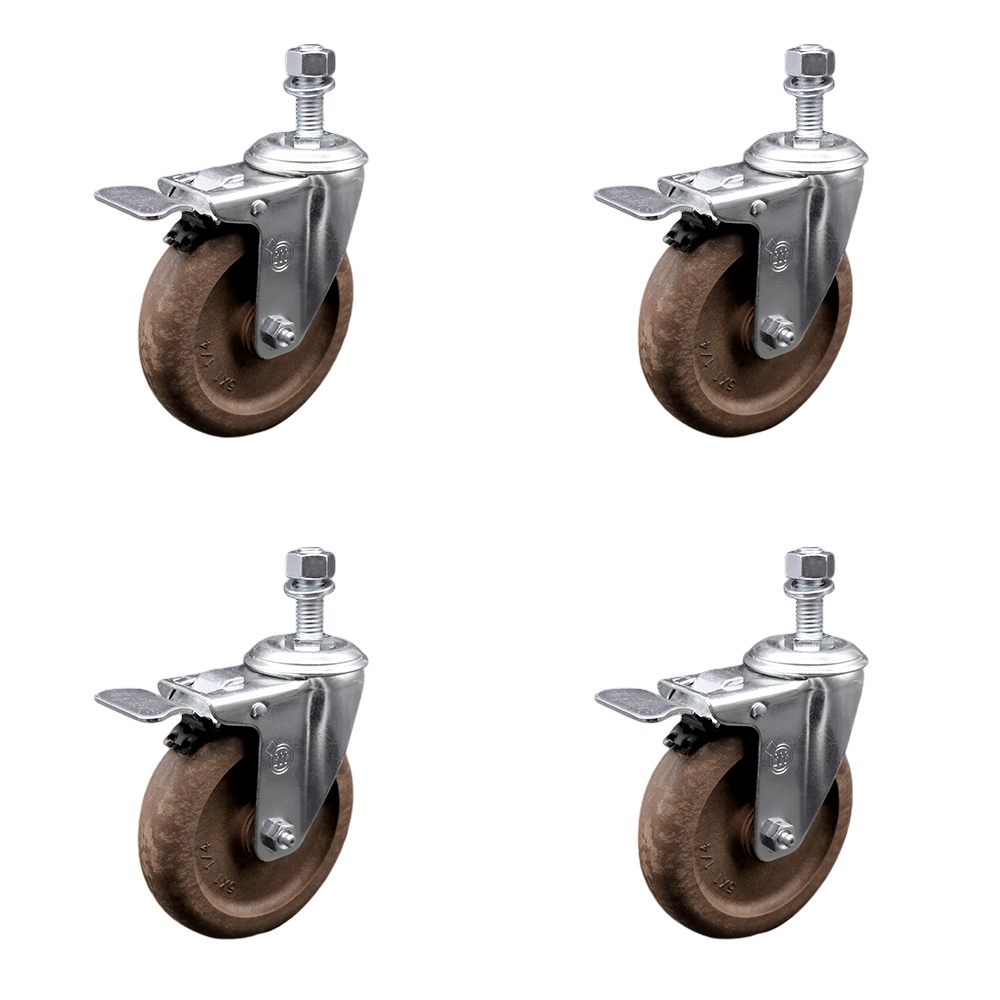 Stainless Steel High Temperature Glass Filled Nylon Swivel Threaded Stem Caster with 5 x 1.25 in. Brown Wheels & 0.38 in. Stems - Set of 4