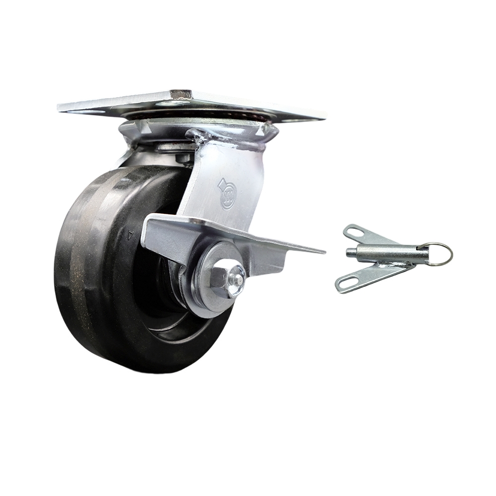 Heavy Duty Large Top Plate Phenolic Swivel Caster with 5 x 2 in. Black Wheel & Side Lock Brake & Bolt on Swivel Lock - 1000 lbs Capacity per Caster