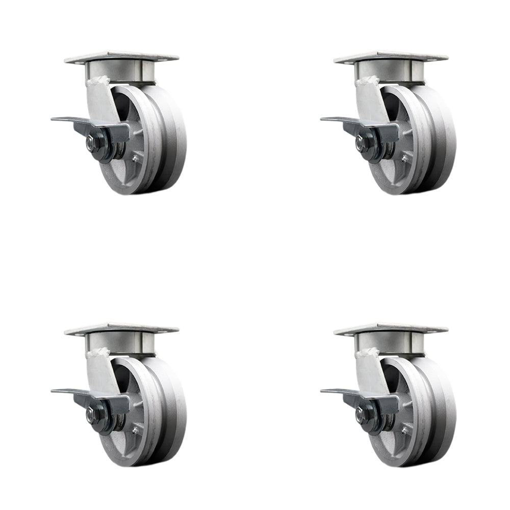 SCC-KP30S520-VGR-SLB-BSL-4 Kingpinless V Groove Semi Steel Swivel Top Plate Caster with 5 x 2 in. Silver Wheels - 4400 lbs Total Capacity - Set of 4