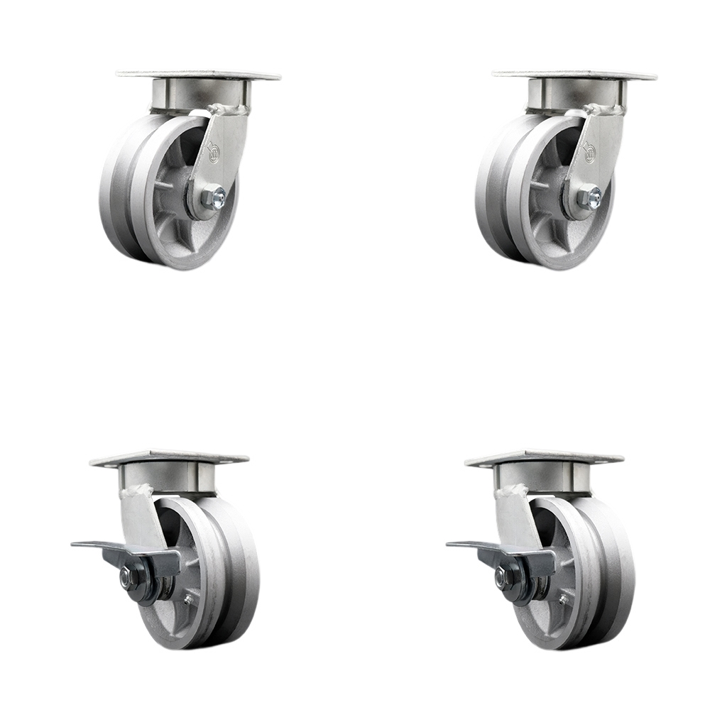 SCC-KP30S520-VGR-2-SLB-2 Kingpinless V Groove Semi Steel Swivel Top Plate Caster with 5 x 2 in. Silver Wheels - 4400 lbs Total Capacity - Set of 4