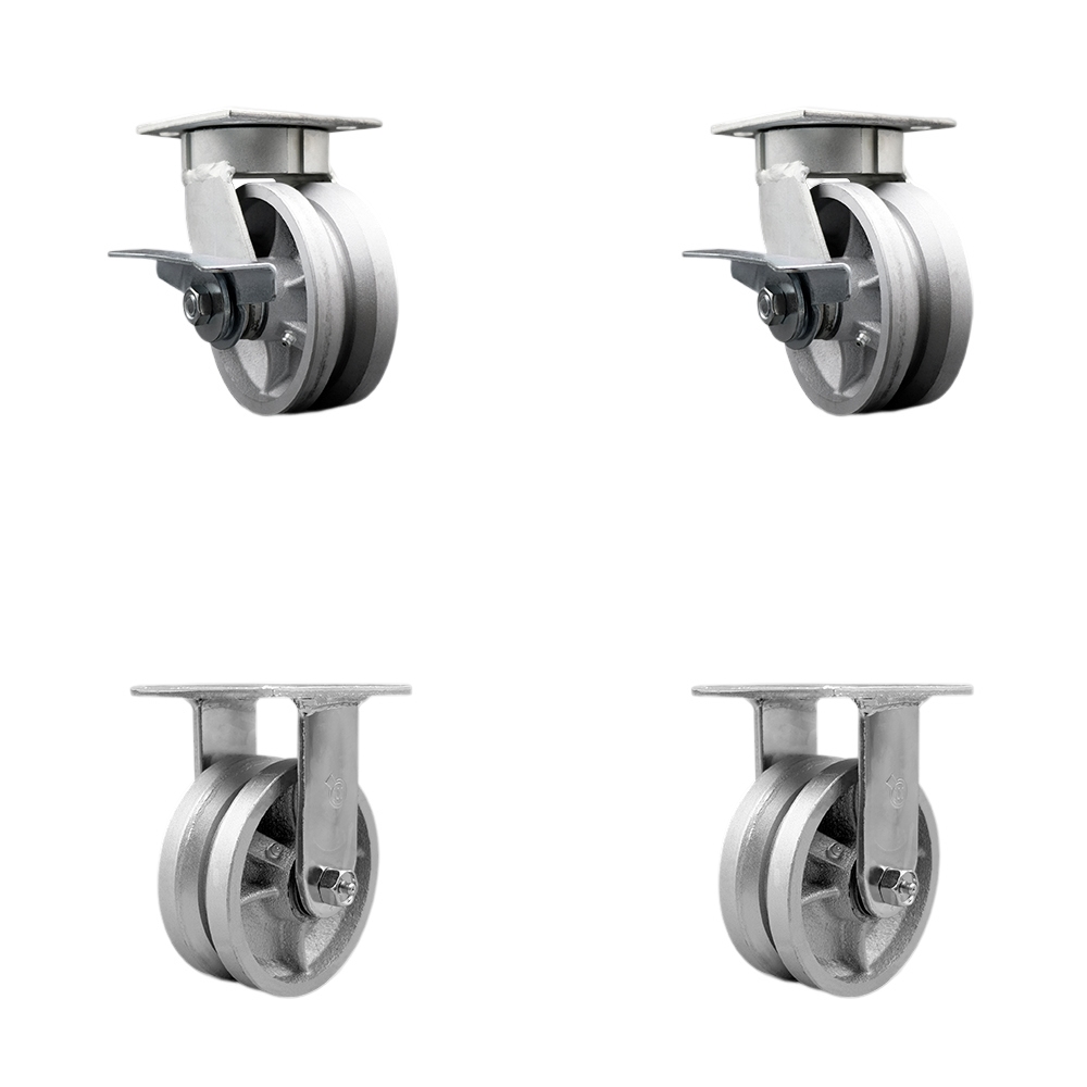 SCC-KP30S520-VGR-SLB-2-R-2 Kingpinless V Groove Semi Steel Swivel Top Plate Caster with 5 x 2 in. Silver Wheels - 4400 lbs Total Capacity - Set of 4