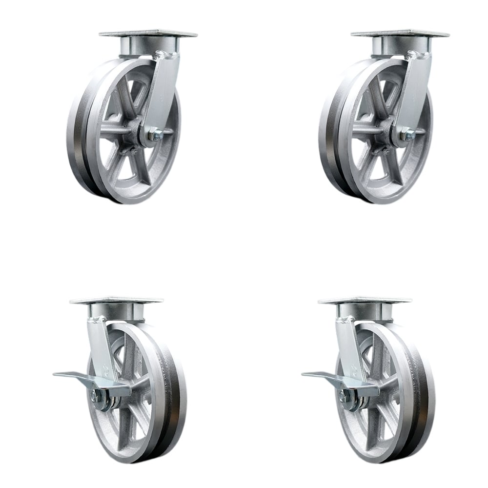 SCC-KP30S820-VGR-2-SLB-2 Kingpinless V Groove Semi Steel Swivel Top Plate Caster with 8 x 2 in. Silver Wheels - 5000 lbs Total Capacity - Set of 4
